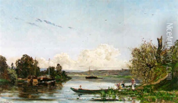 River Landscape With Fishing Trawlers Moored And Washerwomen Oil Painting - Hippolyte Camille Delpy