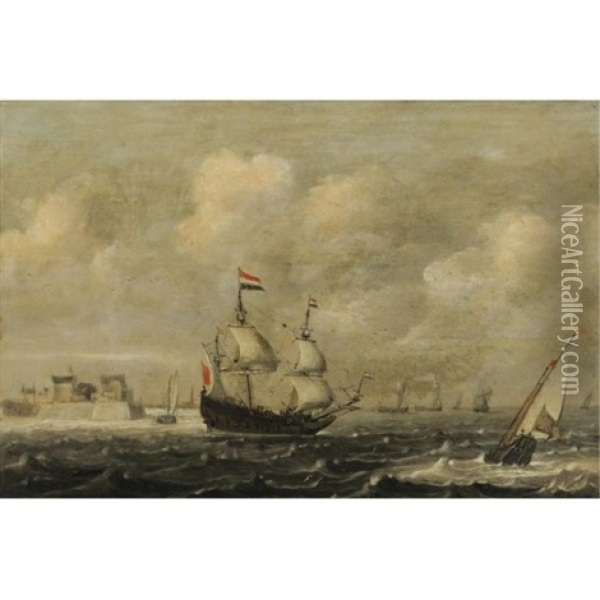 A Dutch Threemaster Before Fort Rammekens, Off The Coast Of Vlissingen Oil Painting - Claes Claesz Wou