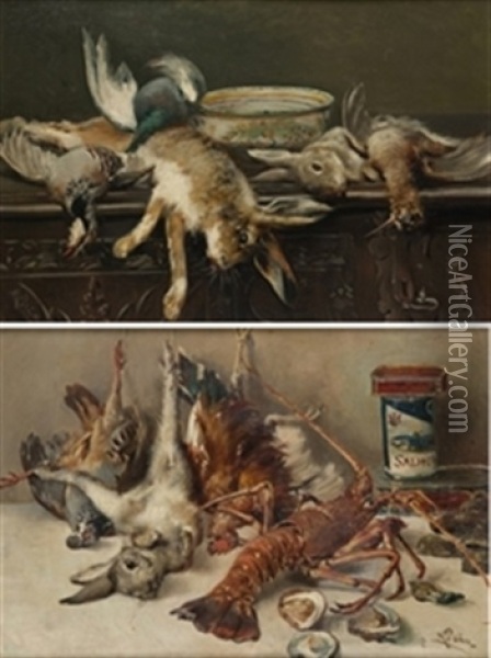 Pareja De Bodegones Con Conejos, Aves Y Marisco Oil Painting - Maximino Pena Munoz