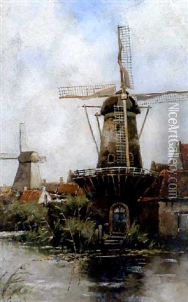 Windmills In A Village Oil Painting - Hermanus Koekkoek the Younger