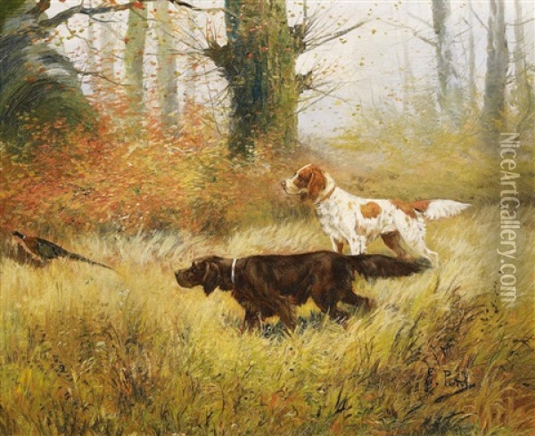 Im Herbstwald. Jagdhunde Stellen Einen Fasan Oil Painting - Eugene Petit