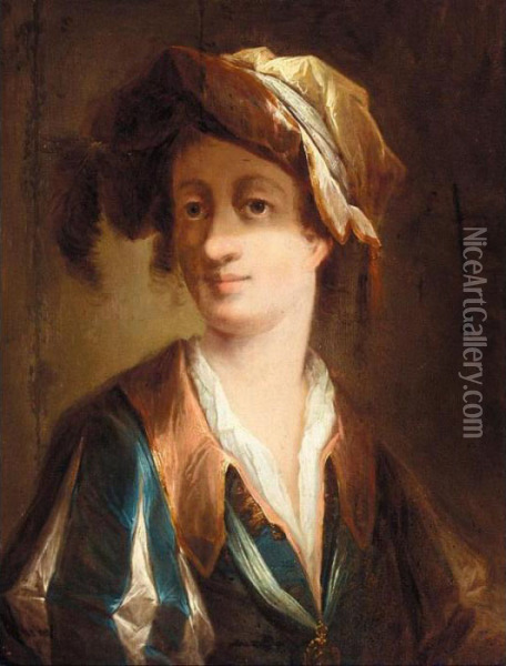 Portrait Of A Gentleman, Half 
Length, Wearing A Blue Jacket With Slashed Sleeves And A Pink Collar, 
And An Elaborate Feathered Hat Oil Painting - Christian Seybold