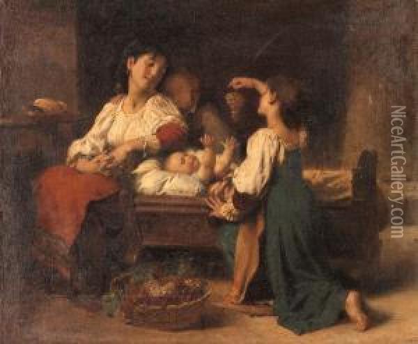 Teasing The Baby Oil Painting - Leon-Jean-Basile Perrault