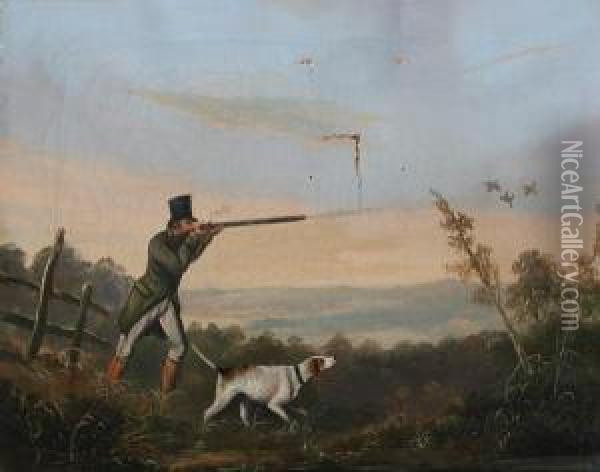 A Gentleman Pheasant Shooting, With Hound Before A Landscape Oil Painting - Henry Thomas Alken