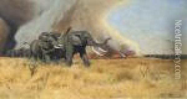 A Herd Of Elephants Fleeing From A Bush Fire Oil Painting - Wilhelm Kuhnert