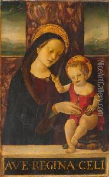 The Madonna Enthroned With The Infant Jesus Before A Landscape. Oil Painting - Giovanni Bellini