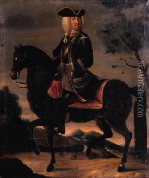 An Equestrian Portrait Of A 
Military Commander, In A Blue Coat Witha Breast Plate And A Tricorn Oil Painting - David Morier