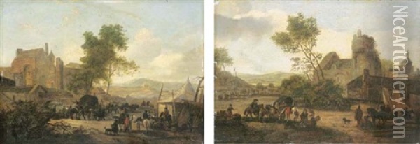 An Extensive Landscape With Peasants And Travellers By A Tent (+ An Extensive Landscape With Peasants And Travellers, A Town Beyond; Pair) Oil Painting - Claude Michel Hamon Duplessis