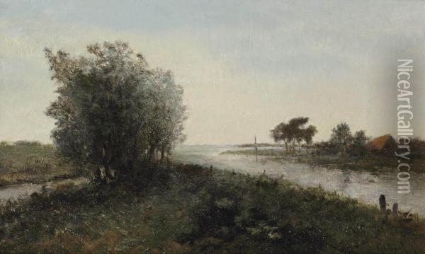 A River Landscape With A Farm In The Distance Oil Painting - Paul Joseph Constantine Gabriel
