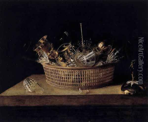 Still-Life of Glasses in a Basket 1644 Oil Painting - Sebastien Stoskopff