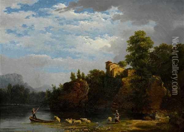 Pastoral Scene And Riverside Landscape, 1823 Oil Painting - Jacques Raymond Brascassat