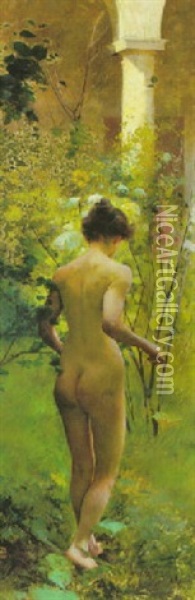 A Nude In A Garden Oil Painting - Vladimir Zupansky