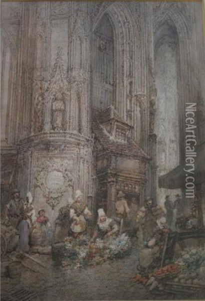 Fruit And Flower Sellers In A Cathedral Oil Painting - Paul Marny