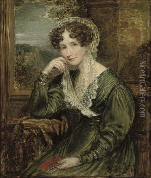 Portrait Of Madame De Wouters, 
Nee Baronne De Barbier, Three-quarter-length, Seated, In Green Dress 
With A Lace Veil, Holding A Book At A Window, A Wooded Landscape Beyond Oil Painting - John Linnell