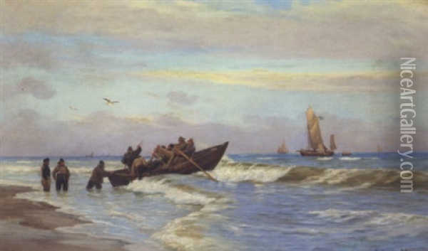 Strandparti Med Fiskerbad Pa Vej Ud Pa Havet Oil Painting - Carl Ludvig Thilson Locher