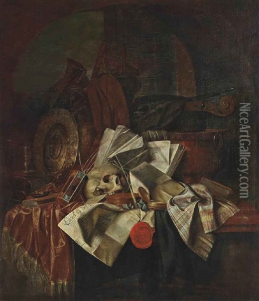 A Skull, An Hour Glass, A Shield With Books And Papers On A Partly Draped Table Oil Painting - Franciscus Gysbrechts