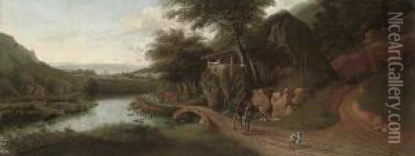 A Wooded River Landscape With Cattle Watering, A Drover On Adonkey, And A Dog On A Track Oil Painting - Jan Siberechts