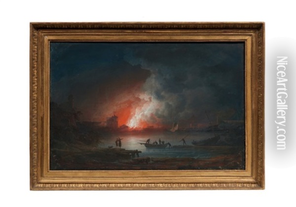 Incendie Pres D'un Port, Des Personnages Au Premier Plan Oil Painting - Alexandre Jean Noel