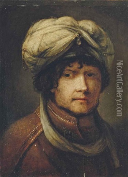 Portrait Of A Gentleman, Bust-length, Wearing A Turban, And A Gold Embroidered Rust Coat Oil Painting -  Rembrandt van Rijn