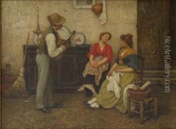 Interiors With Musicians Playing To Girls Oil Painting - Luigi Pastega