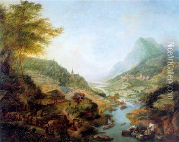 Paysage Fluvial Avec Peniches Et Paysans Oil Painting - Jan Griffier the Elder