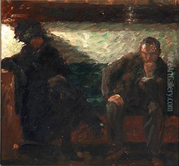 The Painter Niels Hansen And Mrs. Yrsa Lundstrom, Married To Painter Vilhelm Lundstrom, Sitting On A Sofa Oil Painting - Julius Paulsen