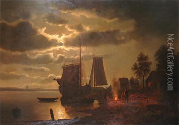 Evening With Figures Before A Fire, Beside A River With Sailing Boats Oil Painting - Arnoldus Johannes Eymer