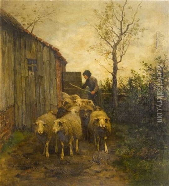 Woman With Sheep Oil Painting - Francois Pieter ter Meulen