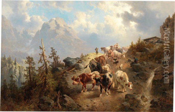 Driving Down The Cattle From The Alps Oil Painting - Josef Thoma the Younger