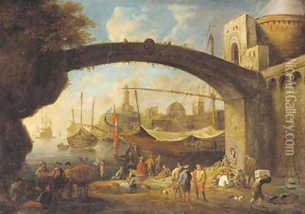 A Mediterranean harbour with traders under a bridge Oil Painting - Anton Goubau