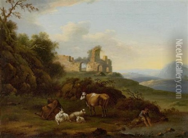 Landschaften Mit Ruine Und Vieh (pair) Oil Painting - Jacob Philipp Hackert