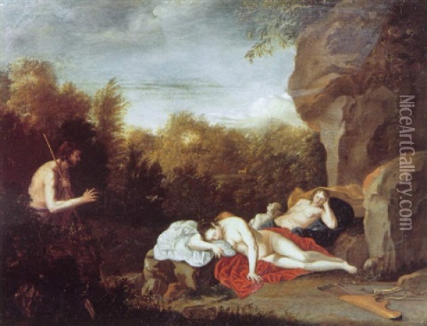 Actaeon Surprising Diana And A Nymph Oil Painting - Dirck Van Der Lisse