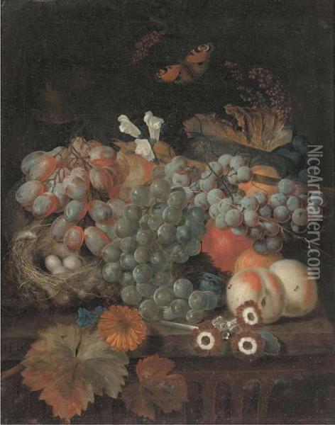 Grapes On The Vine, Peaches, A Birds Nest With Eggs And A Plum On Aledge Oil Painting - Jan Baptist Govaerts