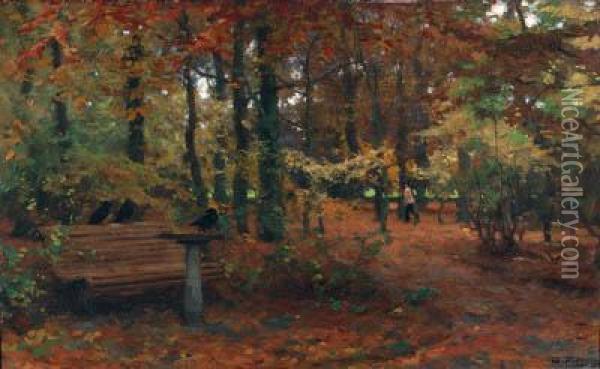 Najaar: A Forest Clearing With Crows On A Wooden Bench Oil Painting - Willem Bastiaan Tholen