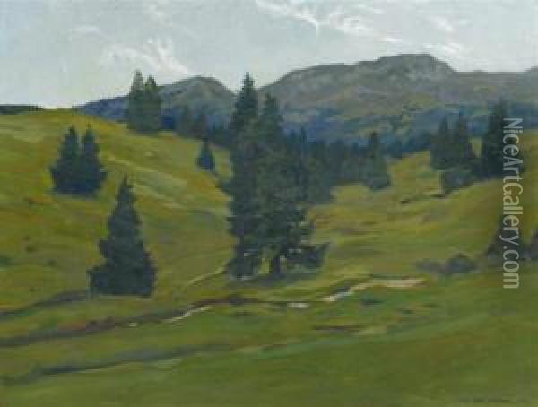 Field With View Of Piz Scalottas Oil Painting - Hans Beat Wieland