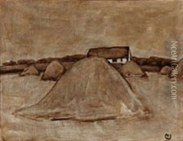 Landscape With Haystacks, Bornholm Oil Painting - Claus Johansen