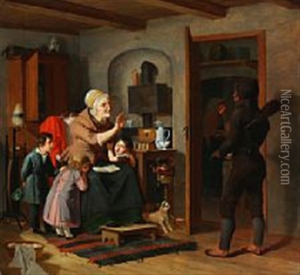 A Chimney Sweeper Is Scaring The Children Oil Painting - Christian Andreas Schleisner