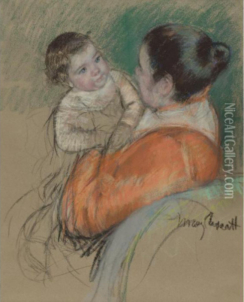 Mother Louise Holding Up Her Blue-eyed Child Oil Painting - Mary Cassatt