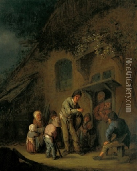 Ein Drehorgelspieler Vor Einem Bauernhaus Oil Painting - Adriaen Jansz van Ostade