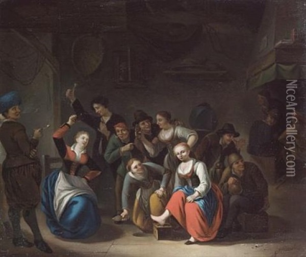 An Interior With Figures Playing La Main Chaud Oil Painting - Gerrit Lundens