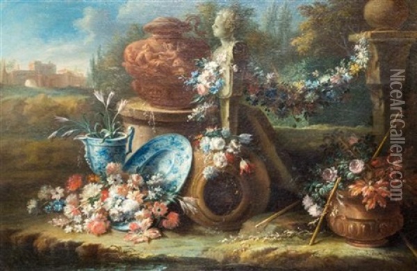 Classical Italianate Still Life Landscapes, C. 1685 (a Pair Of Works) Oil Painting - Gasparo Lopez