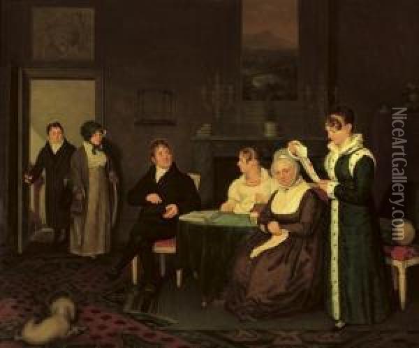 A Group Portrait Of The De Bruijn De Neve Family In An Elegant Interior Oil Painting - Pieter Christoffel Wonder