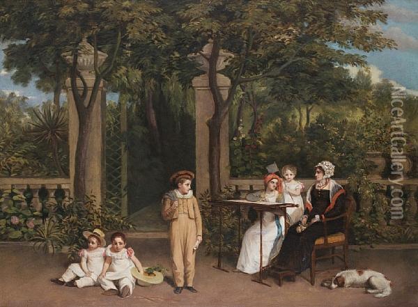 Portrait Of A Family Group In A Garden Setting, Possibly The Family Of James Stuart Mckenzie Oil Painting - Charles Allingham