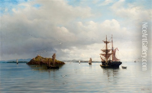 At Anchor (calm Sea) Oil Painting - Oskar Conrad Kleineh