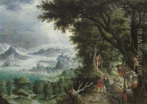 An Extensive Mountainous Landscape With The Predication Of Saint John The Baptist Oil Painting - Gillis Mostaert