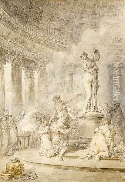 A sacrifice before the Callipygian Venus in a circular temple Oil Painting - Hubert Robert