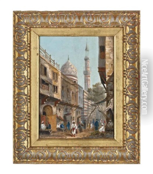 Cairo Street Scene (+ At The Market, Cairo; Pair) Oil Painting - Francis Bedford
