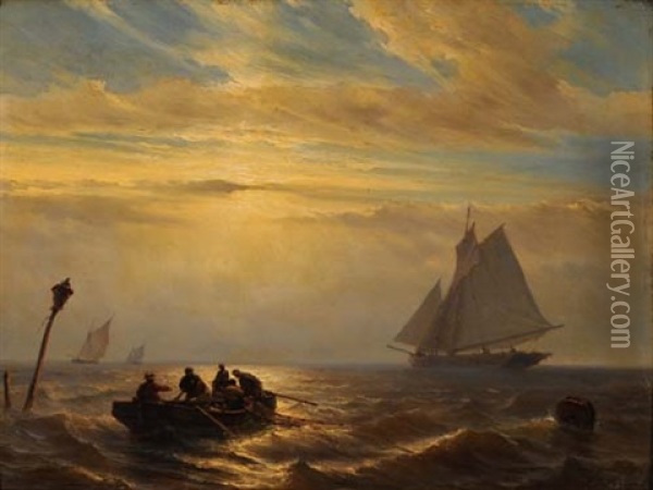 Boote Auf See In Abendstimmung Oil Painting - Johan Hendrik Meyer