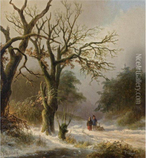 Travellers On A Snow Covered Forest Path Oil Painting - Jan Jacob Coenraad Spohler