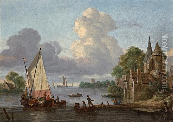 Fishing Outside A Castle Oil Painting - Thomas Heeremans